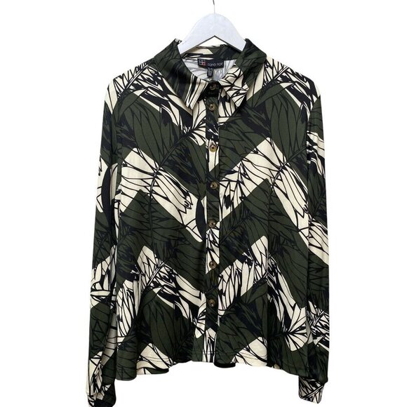 CARRE NOIR Stretch Top XL Womens Button Up Olive Green Print Long Sleeve NWT - Picture 9 of 11